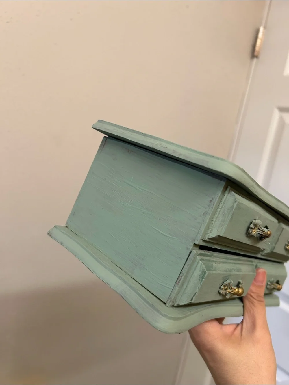 refurbished vintage jewelry box green painted finish ornate gold handles